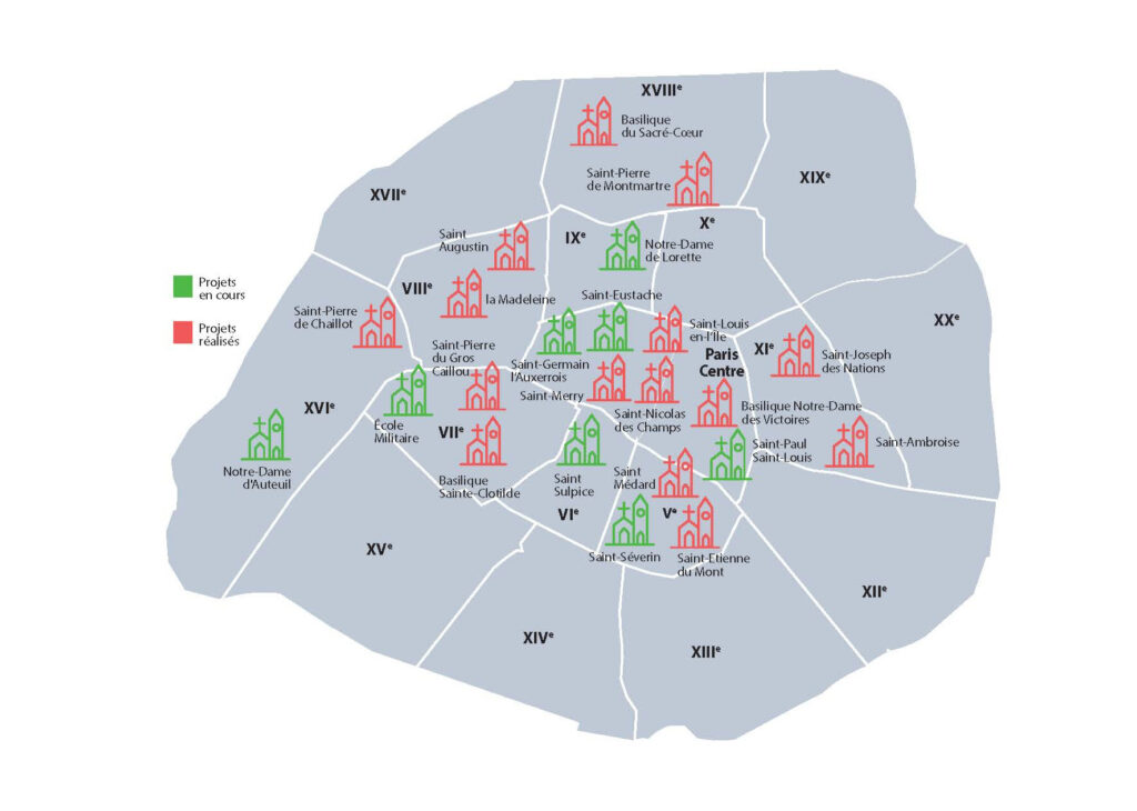 Paln stylisé de Paris avec mise en évidence des projets en cours et projets terminés