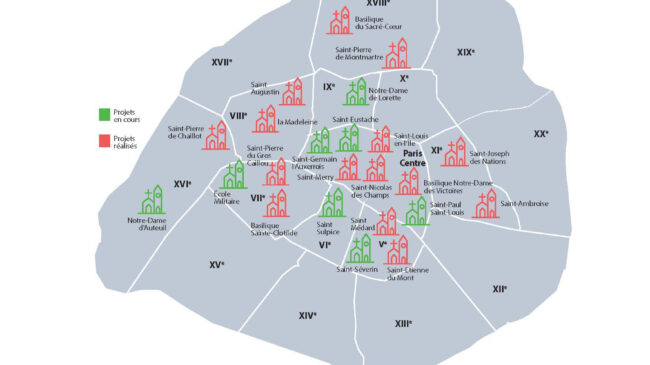 Paln stylisé de Paris avec mise en évidence des projets en cours et projets terminés